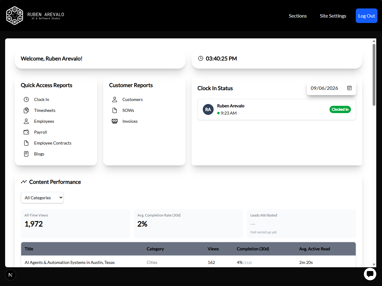 J.A.L.E. internal business software dashboard with time tracking, customer reports, payroll, SOWs, invoices, and content analytics.