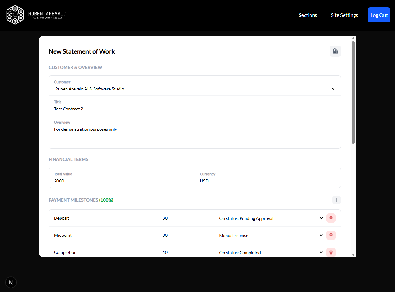 J.A.L.E. Statement of Work generator showing customer details, financial terms, and milestone payment rules.